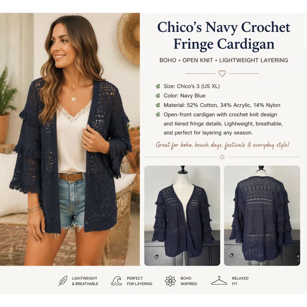 Chico’s Navy Crochet Fringe Cardigan Boho Open Knit Size XL
